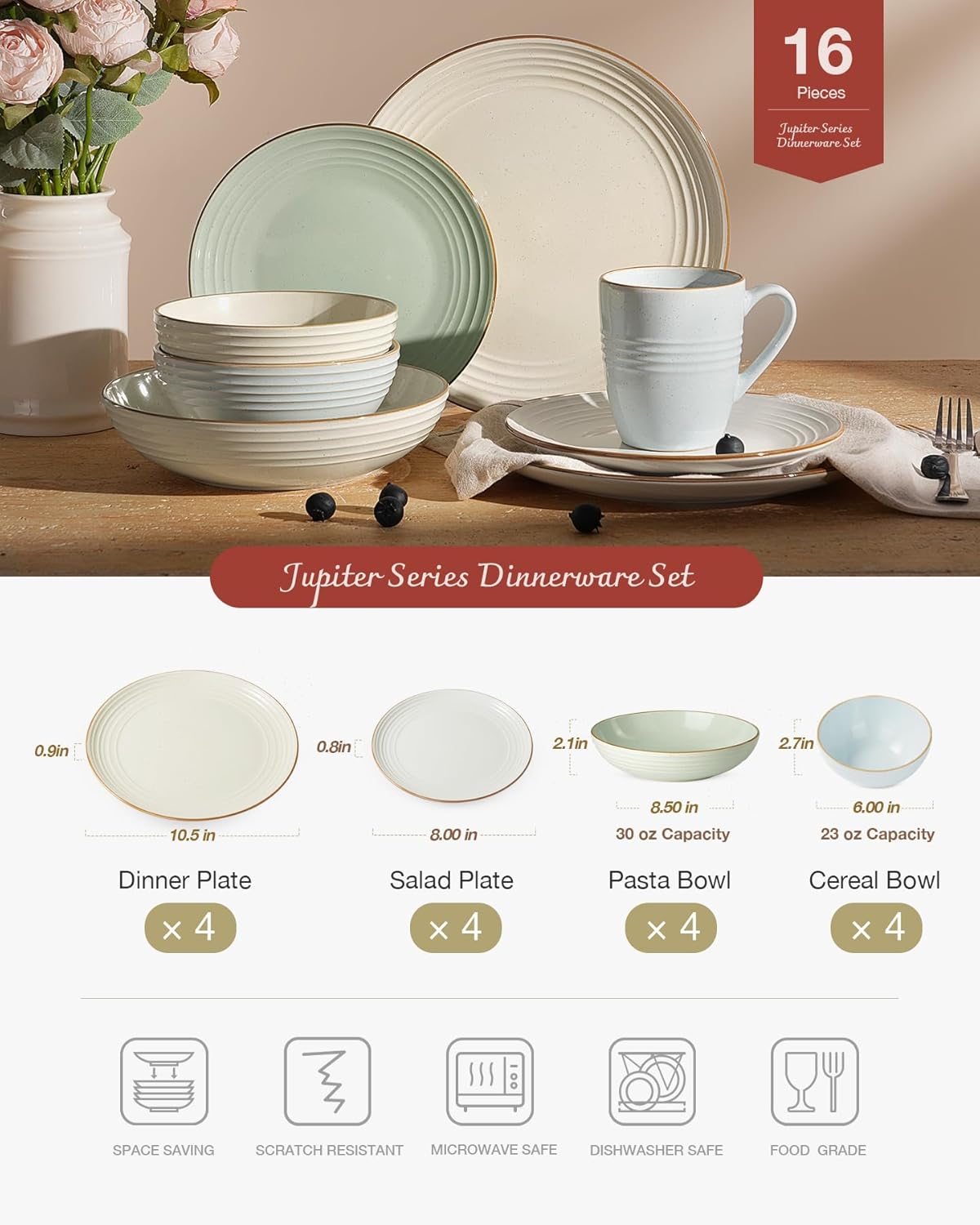 Famiware Jupiter Dinnerware Set with Pasta Bowl, Plates and Double Bowls Dish Sets for 4 (16 Pieces), Microwave and Dishwasher Safe, Chip and Scratch Resistant, Multi-color