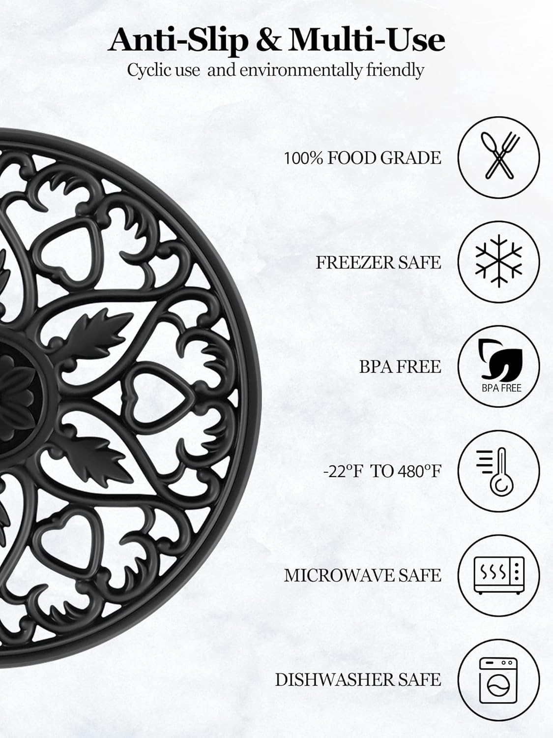 SMARTAKE 6 Set Silicone Trivet Mats, Multi-Use Intricately Carved Coasters, Insulated Non-Slip Durable Kitchen Mats, Flexible Modern Kitchen Table Mat, for Hot Dishes, Pots, Countertop (Black)