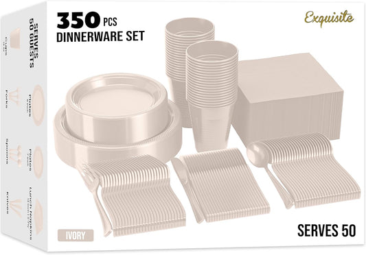 Party Solids 350 Pieces Ivory Plastic Plates For Party, Ivory Disposable Plates Set, 50 Of Each 9" Dinner Plate Set, 7" Dessert Plate, Cups, Napkins & Cutlery Plastic Dinnerware