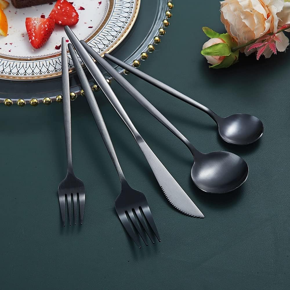 Matte Black Silverware Set 20 Pieces, Stainless Steel Flatware Set, Titanium Plating Cutlery Set, Matte Black Utensil Sets, Service Set for 4 (Matte Black)