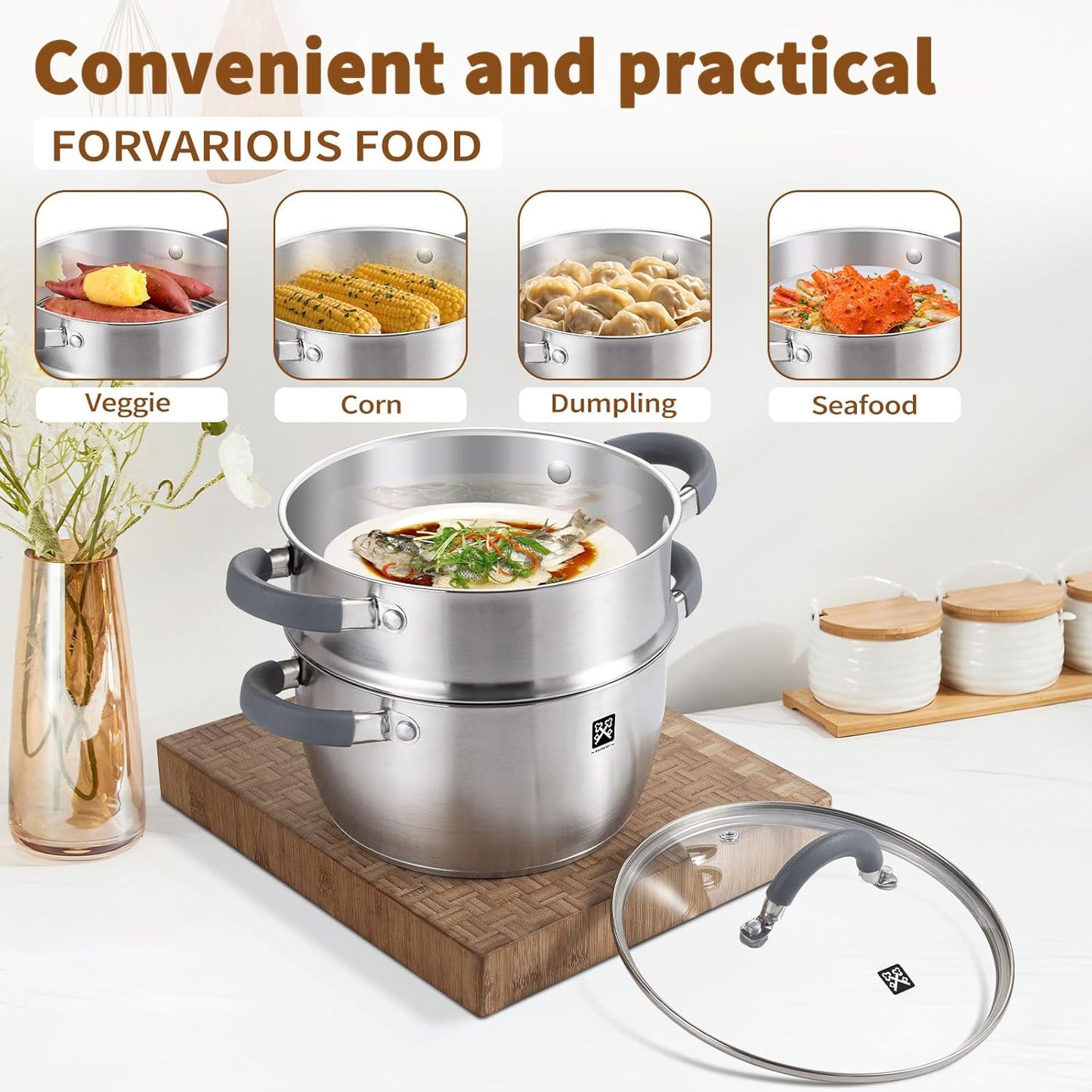 GOLDEN KEY 4.0 QT Steamer for Cooking,Steamer Pots with Vegetable Steam Basket,2-Tier Multipurpose 18/8 Stainless Steel Steaming Pot Cookware for Vegetable,Soup, Food,Dumplings,Oven & Dishwasher Safe