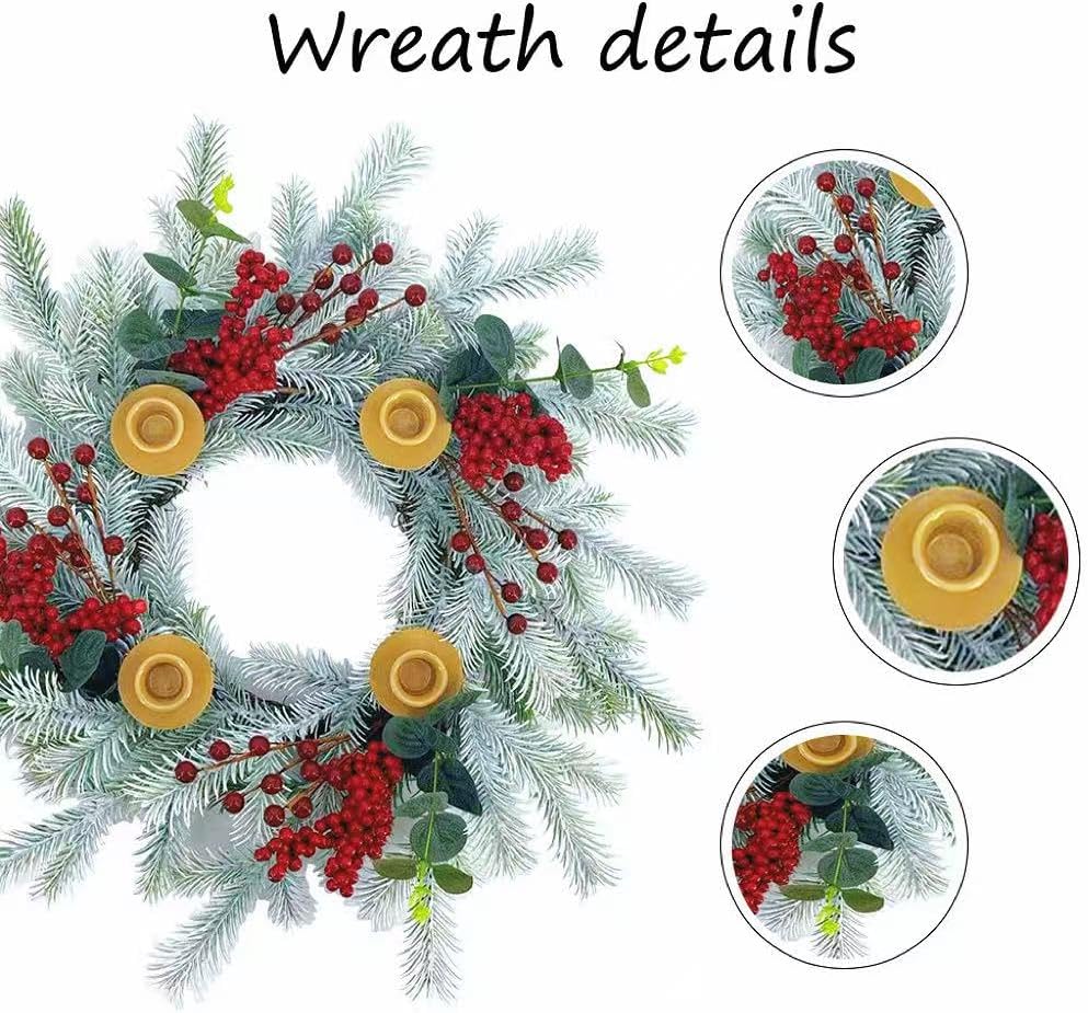 20Inch Christmas Cedar Candle Wreath for Front Door, Artificial Advent Candle Holder with Red Berries Greenery Leaves for Holiday Tabletop Wall Window Porch Candle Decor