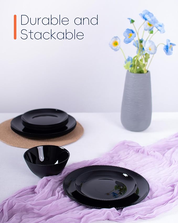 Dinnerware Sets for 4, 12 Pieces Opal Glass Plates and Bowls Set, Dishwasher and Microwave Safe Ribbed Dish Dinning Ware, Chip and Scratch Resistant Dishware, Black