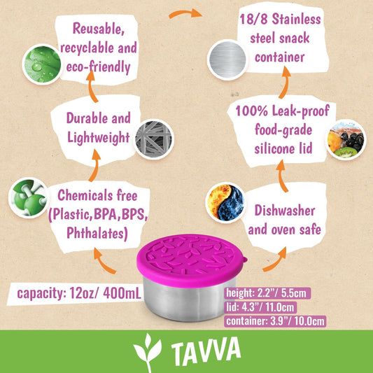 TAVVA 2 X 12 oz Containers with Lids - Leakproof w/Silicone Lids - BPA Free - Dishwasher & Freezer Safe - Portable & Reusable - Stainless Steel Snack Containers 12oz