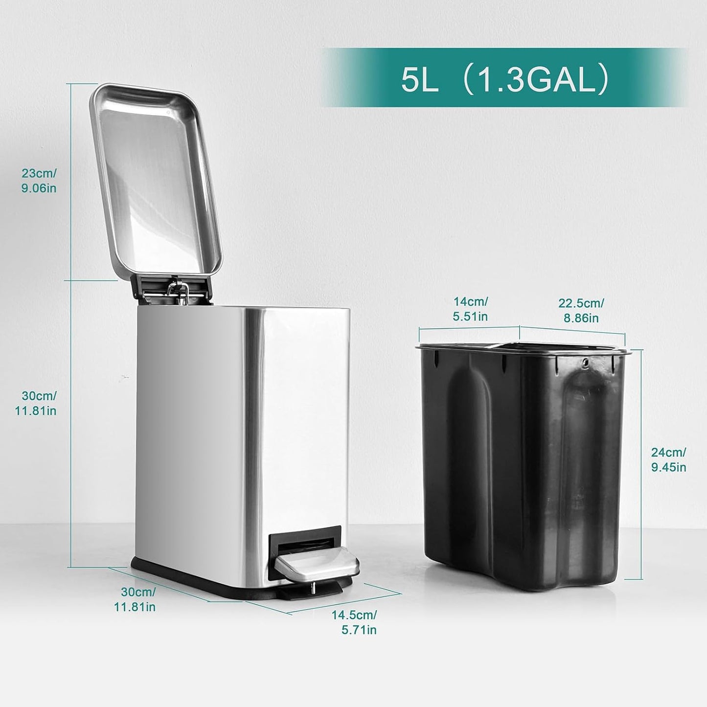 Small Bathroom Trash Can with Lid, 1.3 Gallon Stainless Steel Trash Can with Removal Inner Bucket, Soft Close Lid, Step Pedal, Compact Trash Bin for Bedroom, Office, Kitchen (Silver)