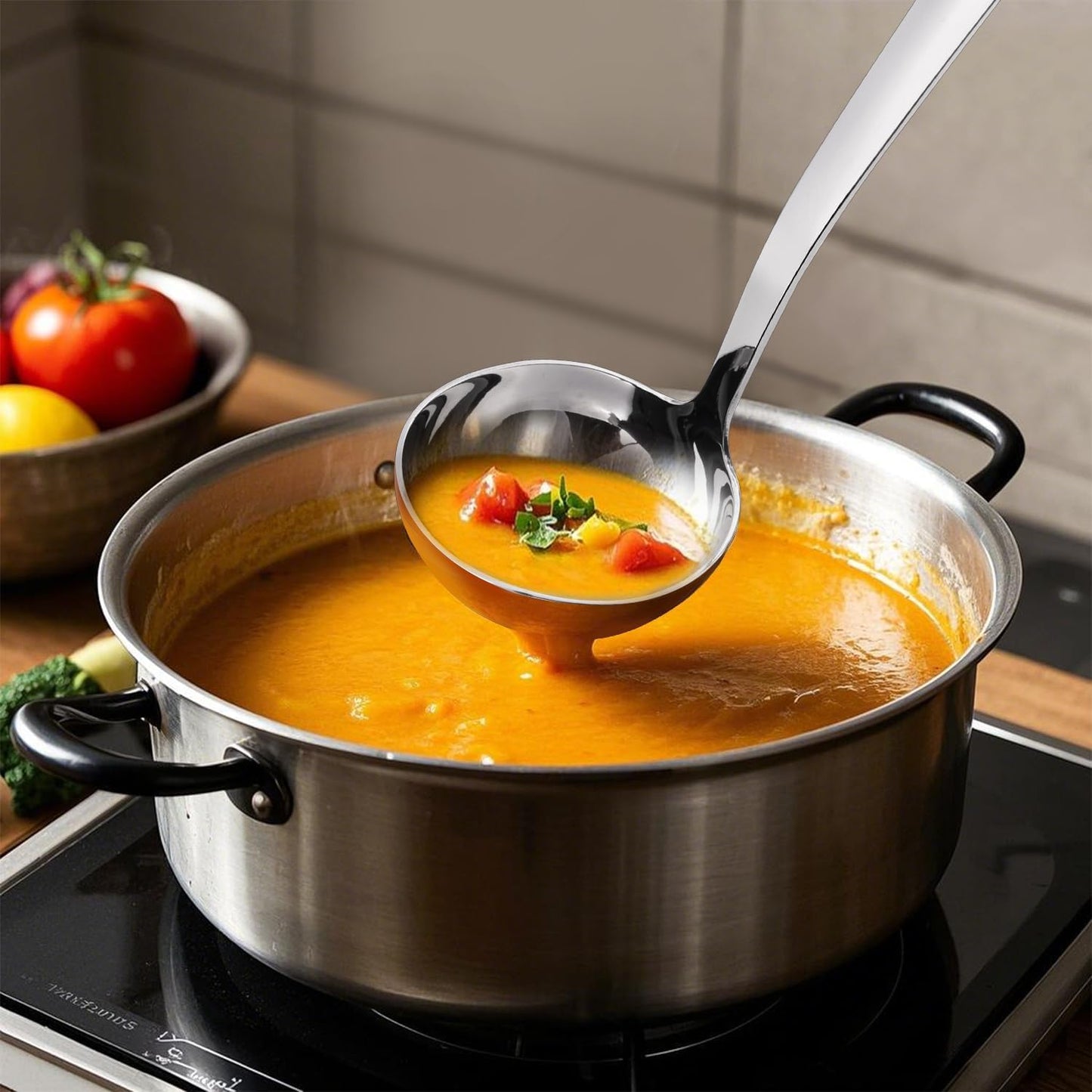 Kitchen Stainless Steel 11.2 Inches Round Soup Ladle Ergonomic Handle, Perfect For Stirring, Serving Soups, And More - Heavy-Duty Metal Ladle Chef Craft Select Serving Ladle