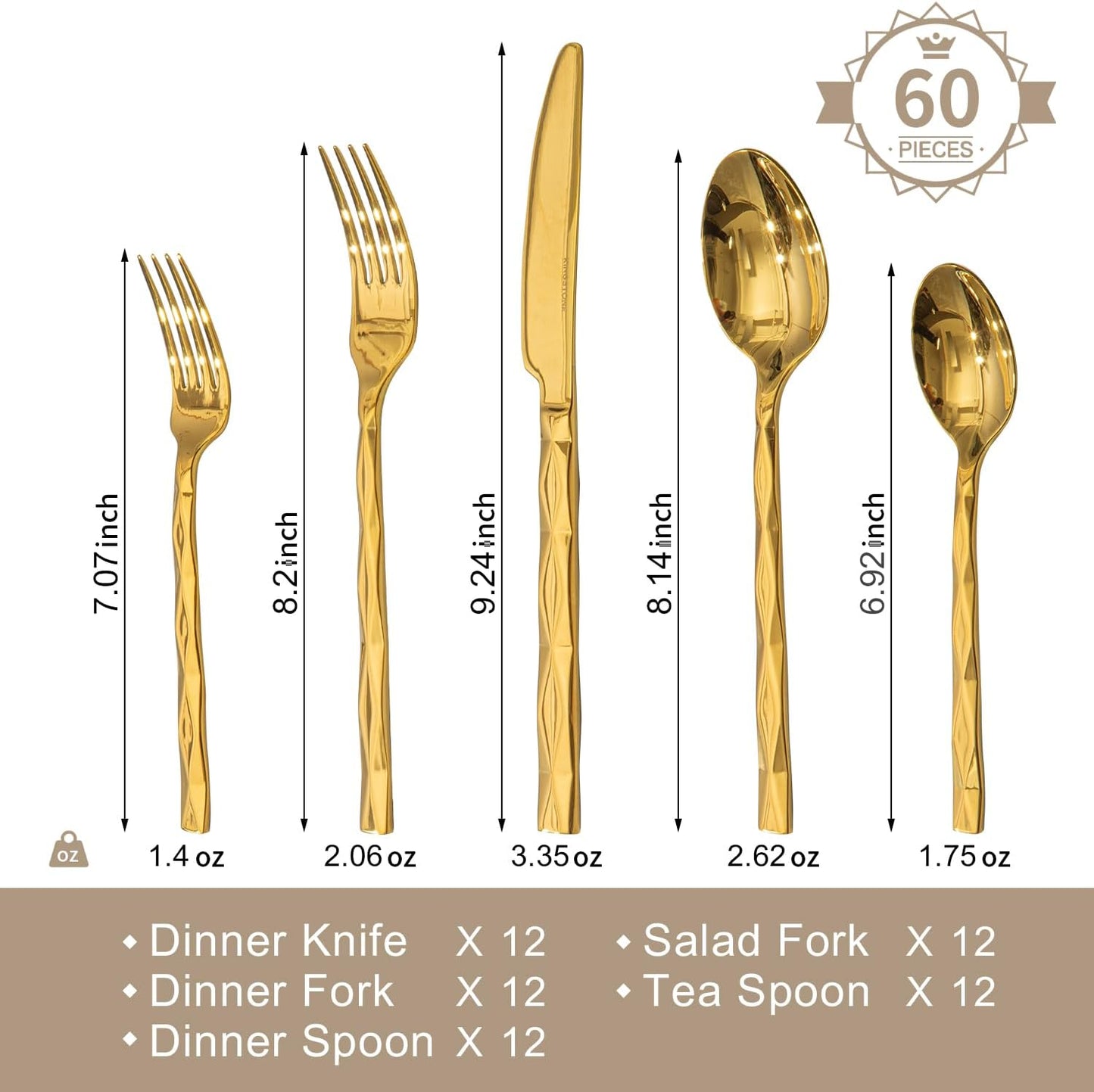 KINGSTONE Gold Silverware Set, Luxury 60 Piece Flatware Set for 12, 18/10 Stainless Steel Cutlery Set with Diamond Cut Pattern for Kitchen, Home, Wedding, Party, Mirror Polished and Dishwasher Safe