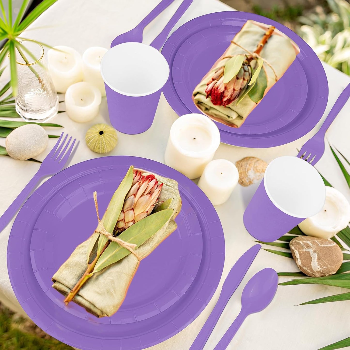 TWOWYHI 228PCS Lavender Party Supplies Set Include Paper Plates Cups Paper Napkins Plastic Spoons Forks Knives for 30 Guests Disposable Party Dinnerware for Birthday Wedding Family Picnic