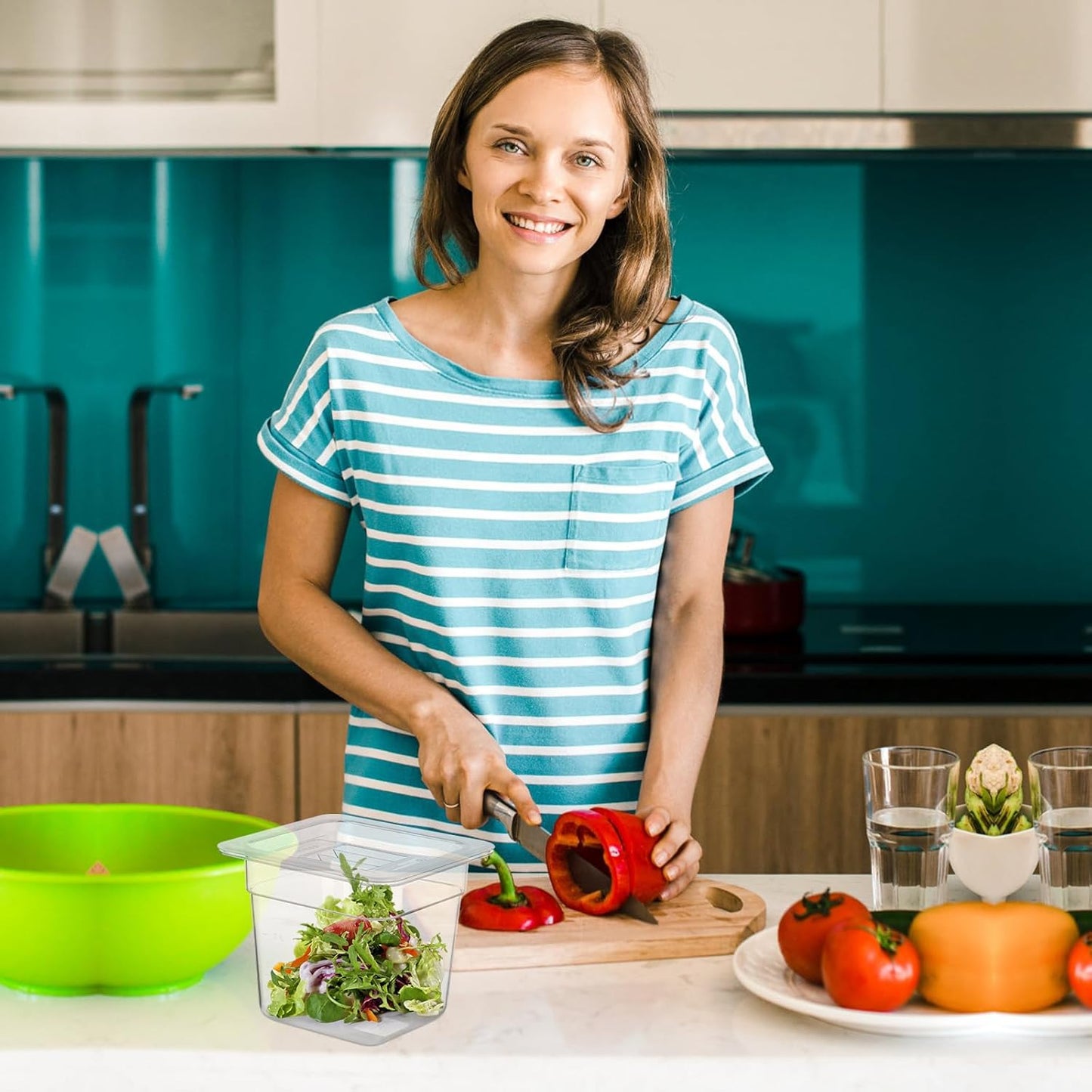 6 Pack Plastic Food Pans with Lids 1/6 Size 6'' Deep Restaurant Food Containers Stackable Clear Polycarbonate Commercial Hotel Pans with 1 Plastic Spoon for Fruits Vegetables