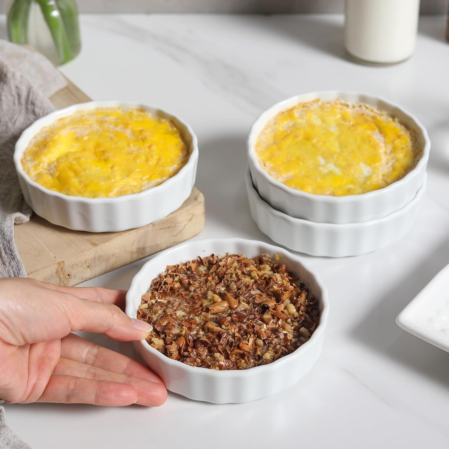 6oz Creme Brulee Ramekins Set of 4 - Ceramic Baking Dishes, Non-Stick Porcelain Pie Dish, Wave Round Baking Dish for Dessert, Pie, Tart, Souffles, Appetizers, Oven and Dishwasher Safe