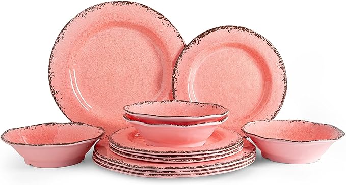 LEHAHA Melamine Dinnerware Sets, Farmhouse Dinnerware Set, Camping Dishes Set, BPA free and Lightweight, Durable Outdoor Plates and Bowls Set, Service for 4 (12 piece), (Pink)
