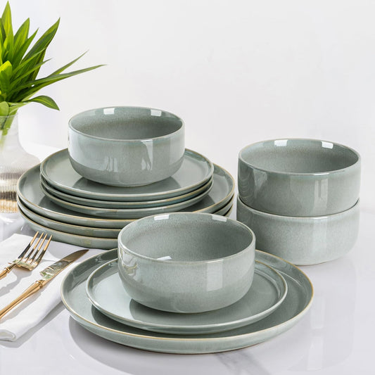 TheTerra Ceramic Dinnerware Sets for 4, 12 Pieces Handmade Reactive Glaze Plates and Bowls Set, Scratch Resistant Dish Set, Oven & Microwave & Dishwasher Safe, Sea Foam