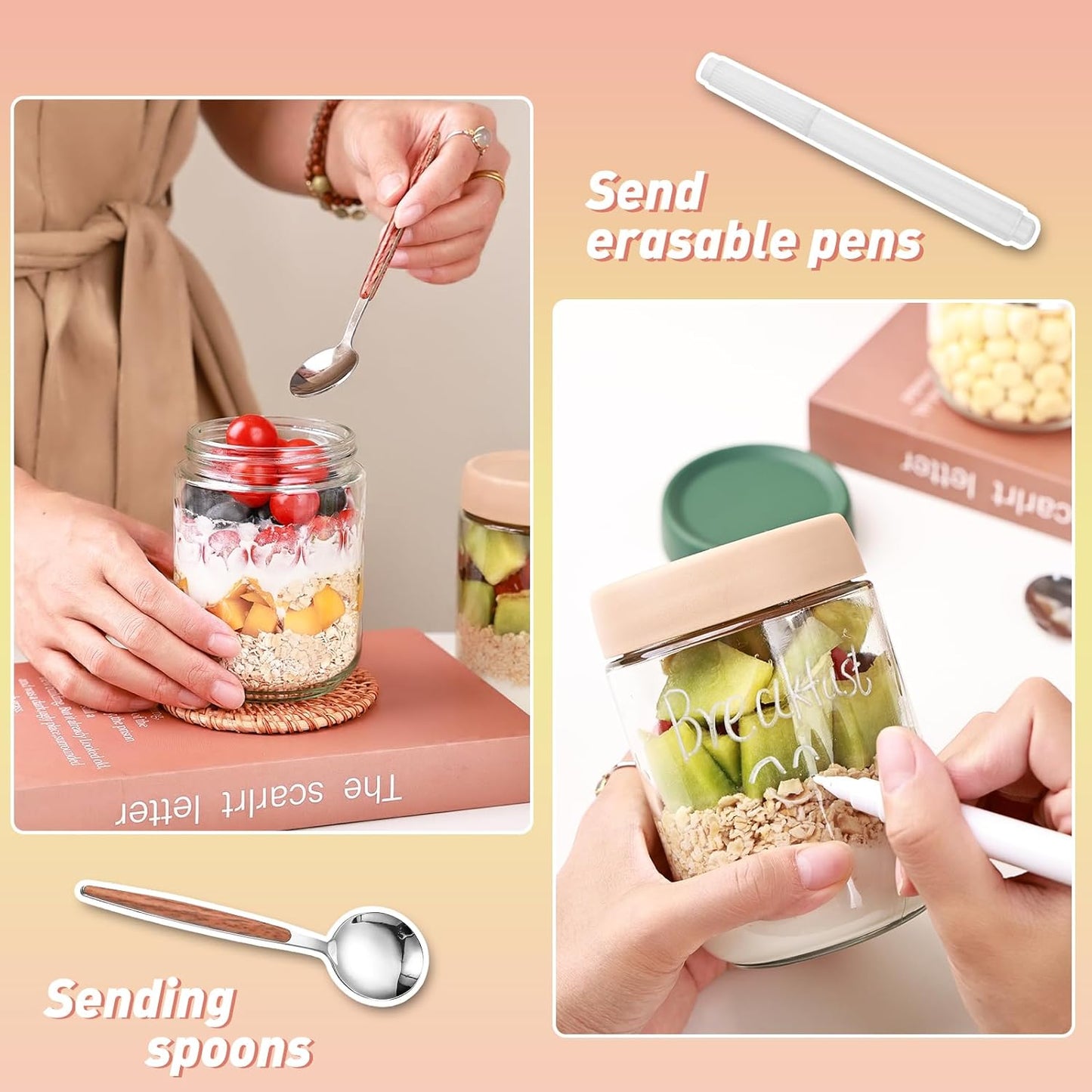 16oz Overnight Oats Containers with Plastic Airtight Lids, 6 Pack Wide Mouth Mason Salad jars, Glass Food Storage Containers for Snacks Sugar Spice Yogurt