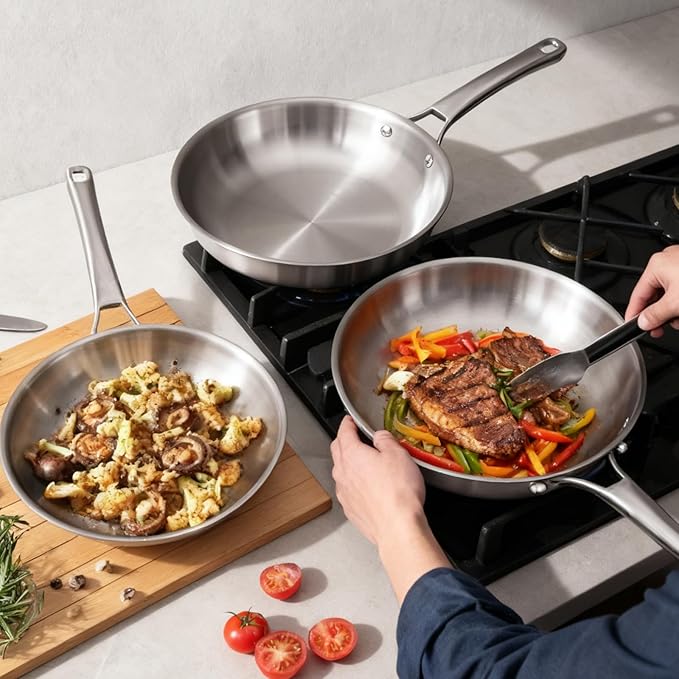 Bonnlo 5 Pieces Cookware Set, 3-Ply Stainless Steel Skillets Set with Lids, Chef's Pan Kitchen Set, Oven & Dishwasher Safe, Induction Cooking Set, PFOA & PTFE Free, Compatible for All Cooktops