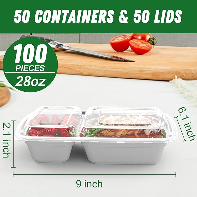 50 Pack (100-Piece) 28 oz Meal Prep Containers Reusable with Lids 2-Compartment, Sturdy Leakproof Food Safe, Microwave Freezer Dishwasher Safe, To Go Take Out Plastic Food Storage, Silver
