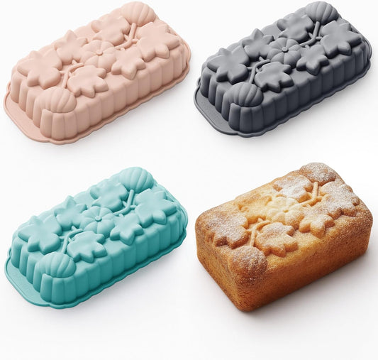 Vesici 3 Pcs Silicone Loaf Pan Pumpkin and Maple Leaf Patterns for Fall Harvest Thanksgiving Holiday 6 Cups Bread Baking Mold Non Stick Oven Microwave Safe, Nordic Gray Blue Pink Colors