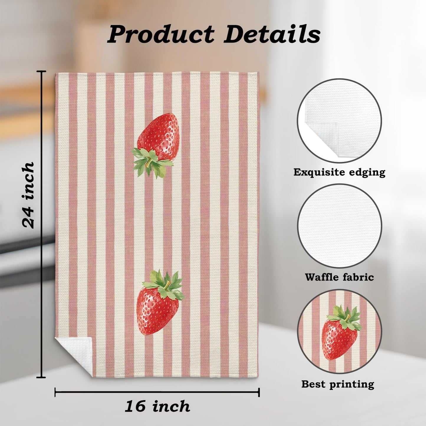 Strawberry Kitchen Towels, Pink and White Striped Summer Strawberry Dish Tea Towels for Kitchen Decor, Fruit Lover Gifts Decorative Hand Towel for Bathroom, 16x24 Inch