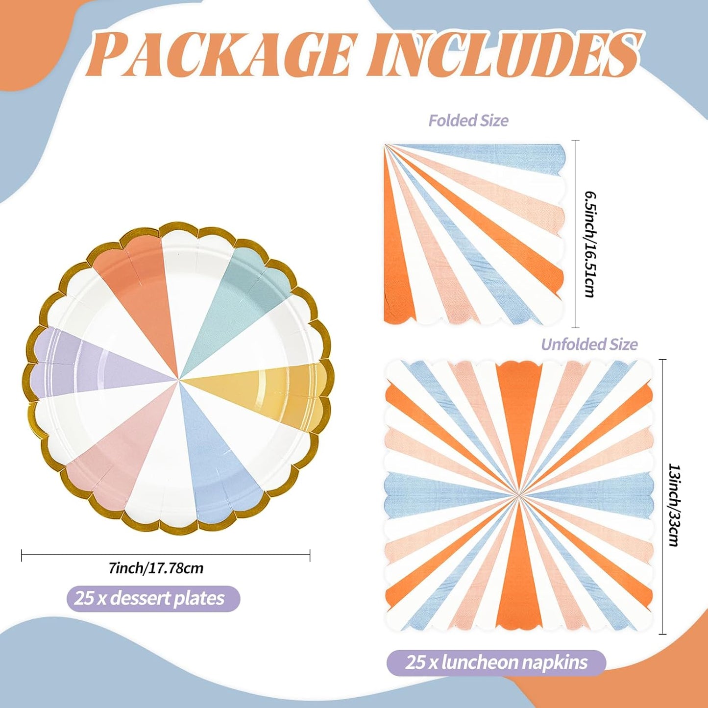 50PCS Colorful Striped Paper Plates and Napkins Party Supplies, 7 inch Disposable Gold Foil Scalloped Dessert Plate Pastel Party's Favors for Birthday Wedding Bachelorette Candy Party Decorations