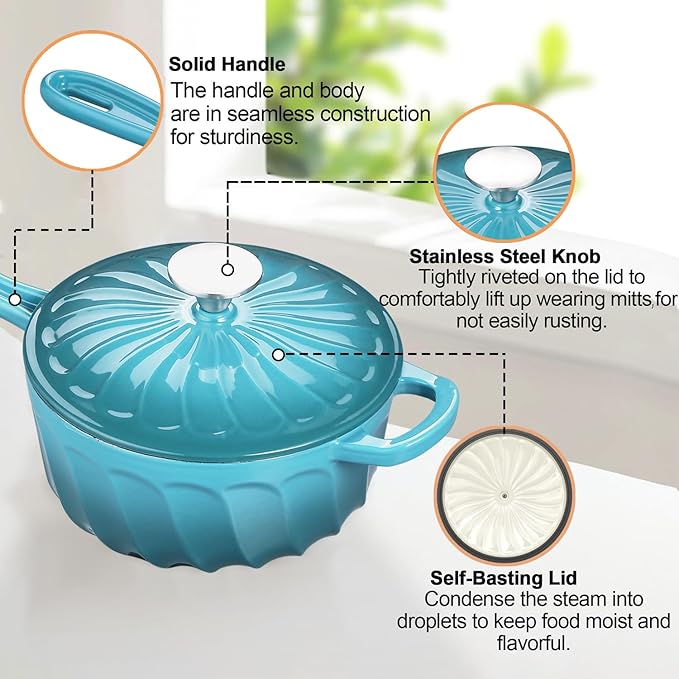 Enameled Cast Iron Sauce Pan, 2 Quart Enameled Saucepan with Lid, Mini Dutch Oven Enamel Saucepan for Cooking Pasta Sauce, Gravy, Puddings, Marinate, Boiling (Blue Green)