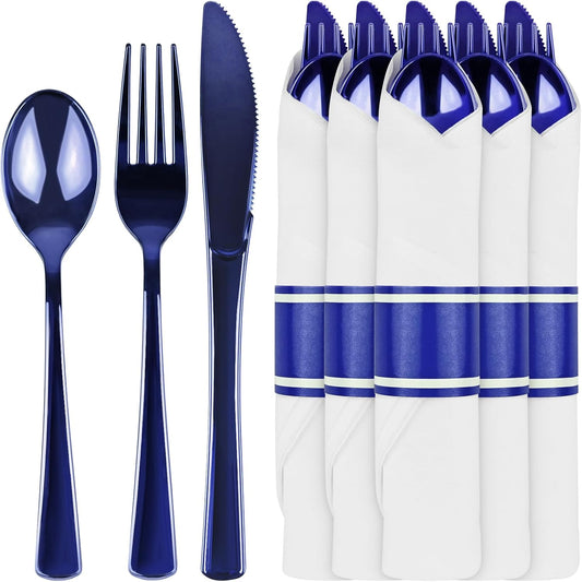 30Pack Blue Pre Rolled Plastic Silverware - Wrapped Blue Disposable Cutlery with Napkins, Heavy Duty Rolled Plastic Silverware Set, Disposable Utensils with Dinner Napkins for Party