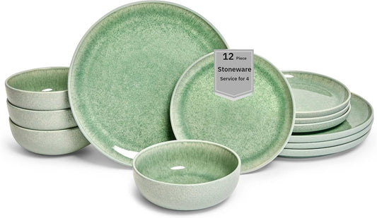 Sango 12-Piece Stoneware Dinnerware Set for 4, Green Ceramic Plates and Bowls Sets, Modern Dish Set with Reactive Glaze, Durable Kitchen Dishes for Casual Dining, Microwave & Dishwasher Safe, Asher