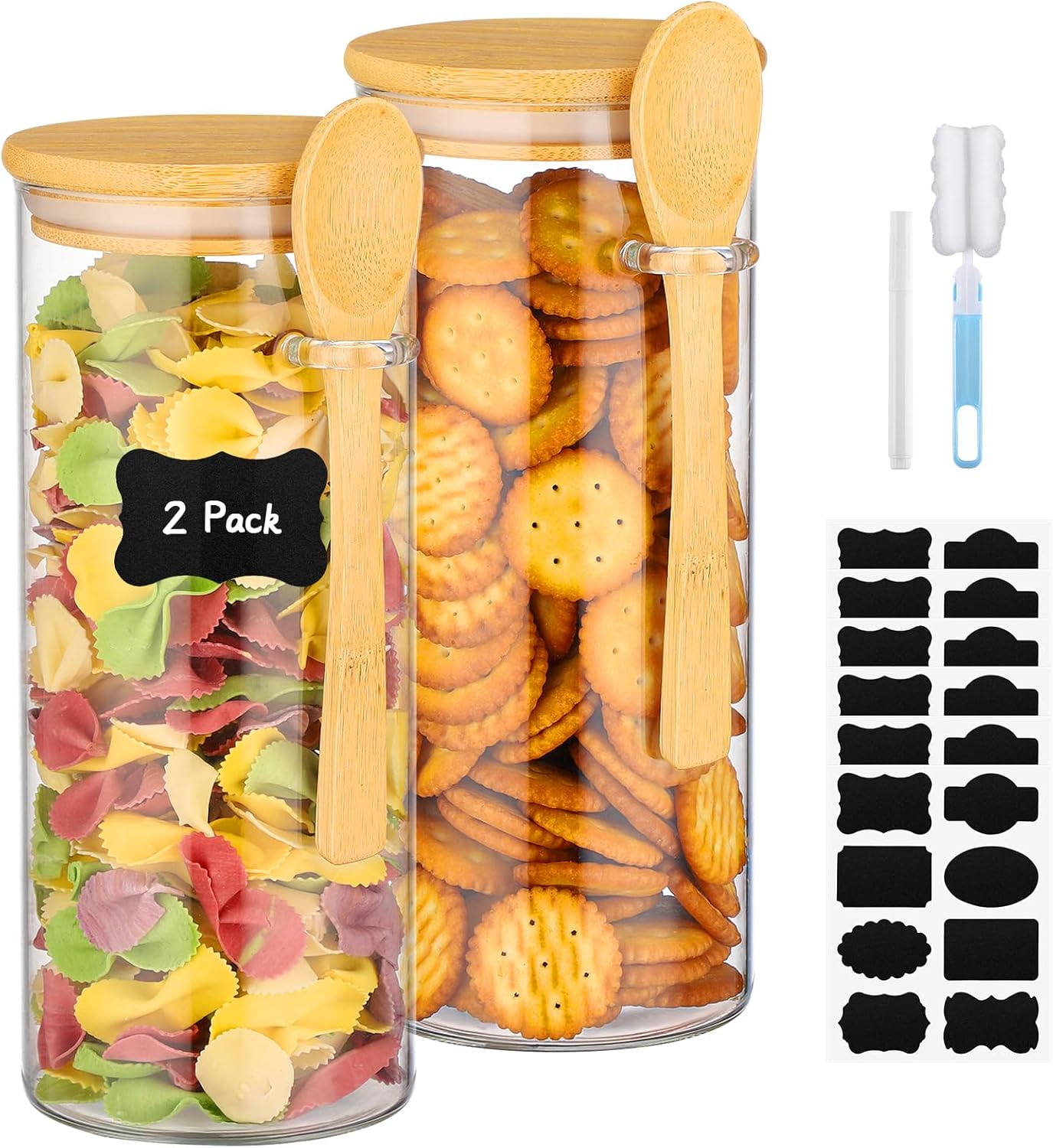 Glass Jars with Bamboo Lids and Spoons - 2 Pack 31 Fl.oz Round Flour Sugar Storage Containers Set, Includes Labels, Marker and Brush, Clear Glass Canister for Kitchen Pantry, Cereal, Rice, Pasta