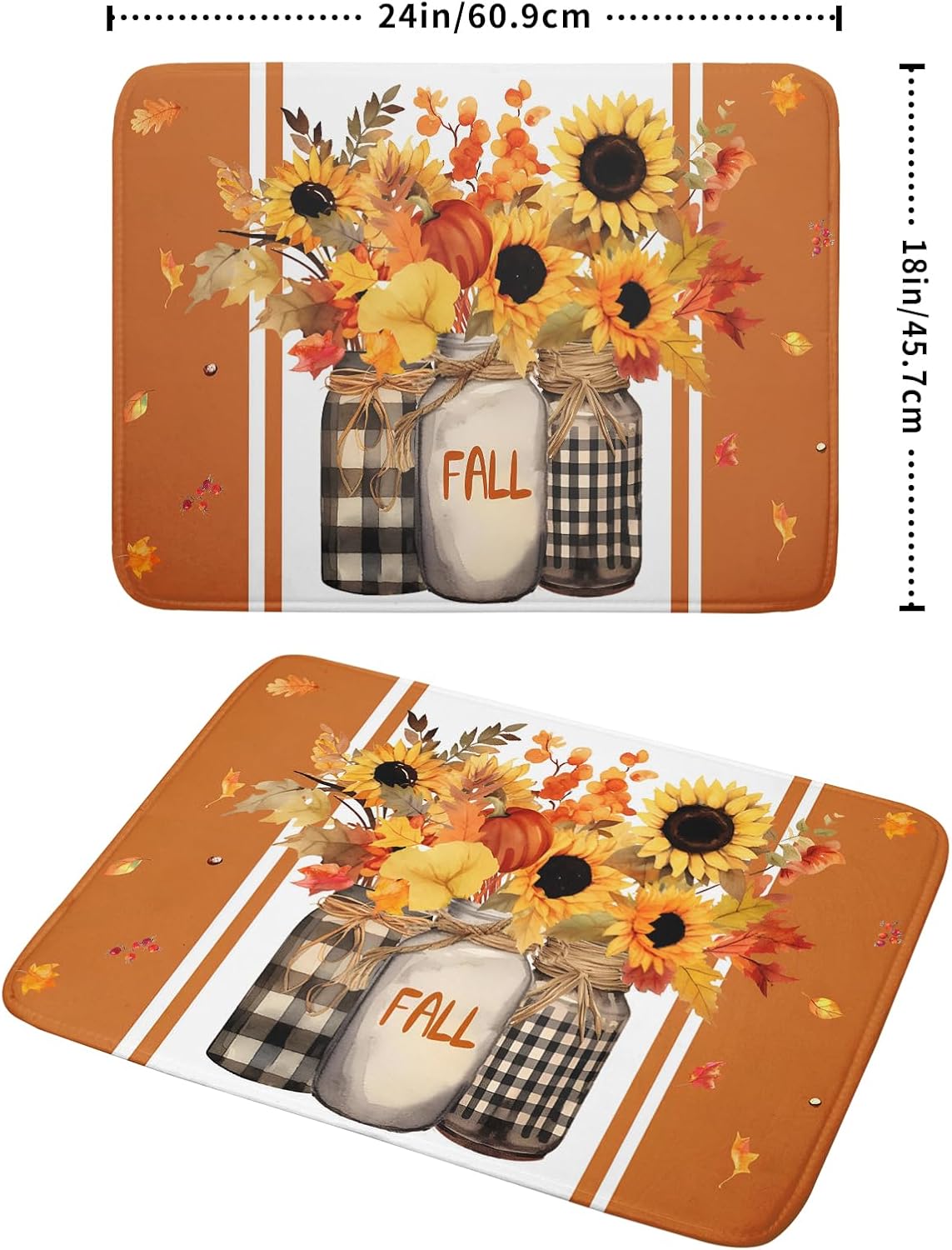 Fall Sunflower Dish Drying Mat 18x24 inch Autumn Leaves Pumpkin Vase Buffalo Plaid Dish Drainer Mat Machine Absorbent Reversible Washable Protector Pad for Kitchen Countertops and Sink