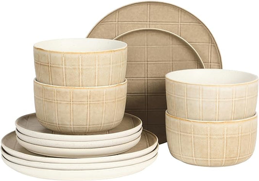 Gisbon Elite Butterwick 12 Piece Plates and Bowls Stoneware Dinnerware Set - Brown Blush Pink Reactive Glaze Patterned Dishes - Microwave and Dishwasher Safe