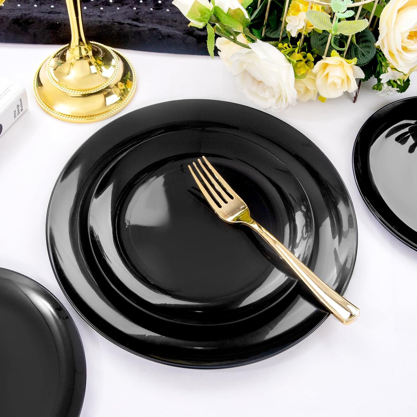 PULOTE 100PCS Black Plastic Plates Disposable - Premium Heavy Duty 50 Black Dinner, 50 Dessert/Salad Plates - Ideal for Party, Halloween
