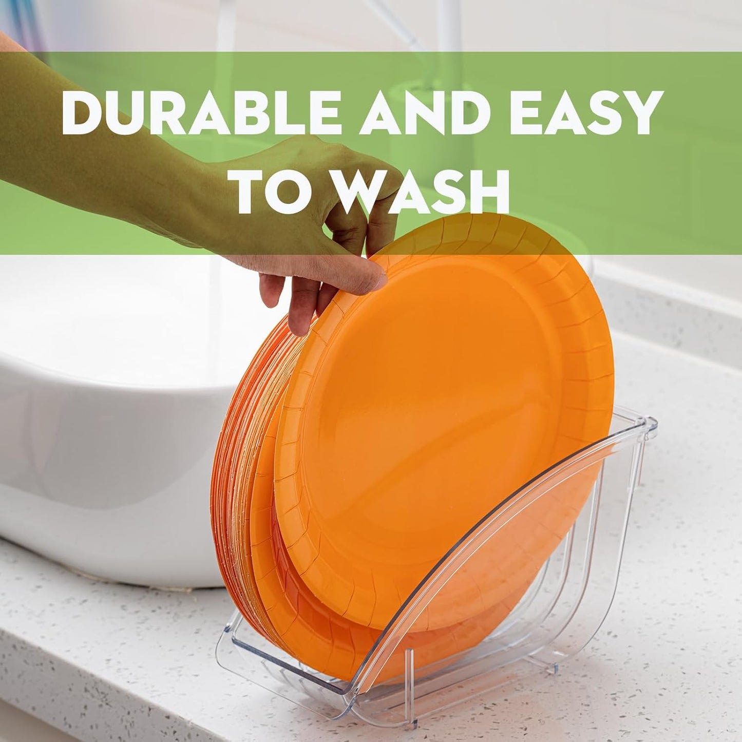 4 Pcs 10 Inch Paper Plate Holder Plastic Dinner Dish Drainer Paper Plate Dispenser Organizer for Kitchen Cabinets Storage Rack Dish Cradle for Countertop