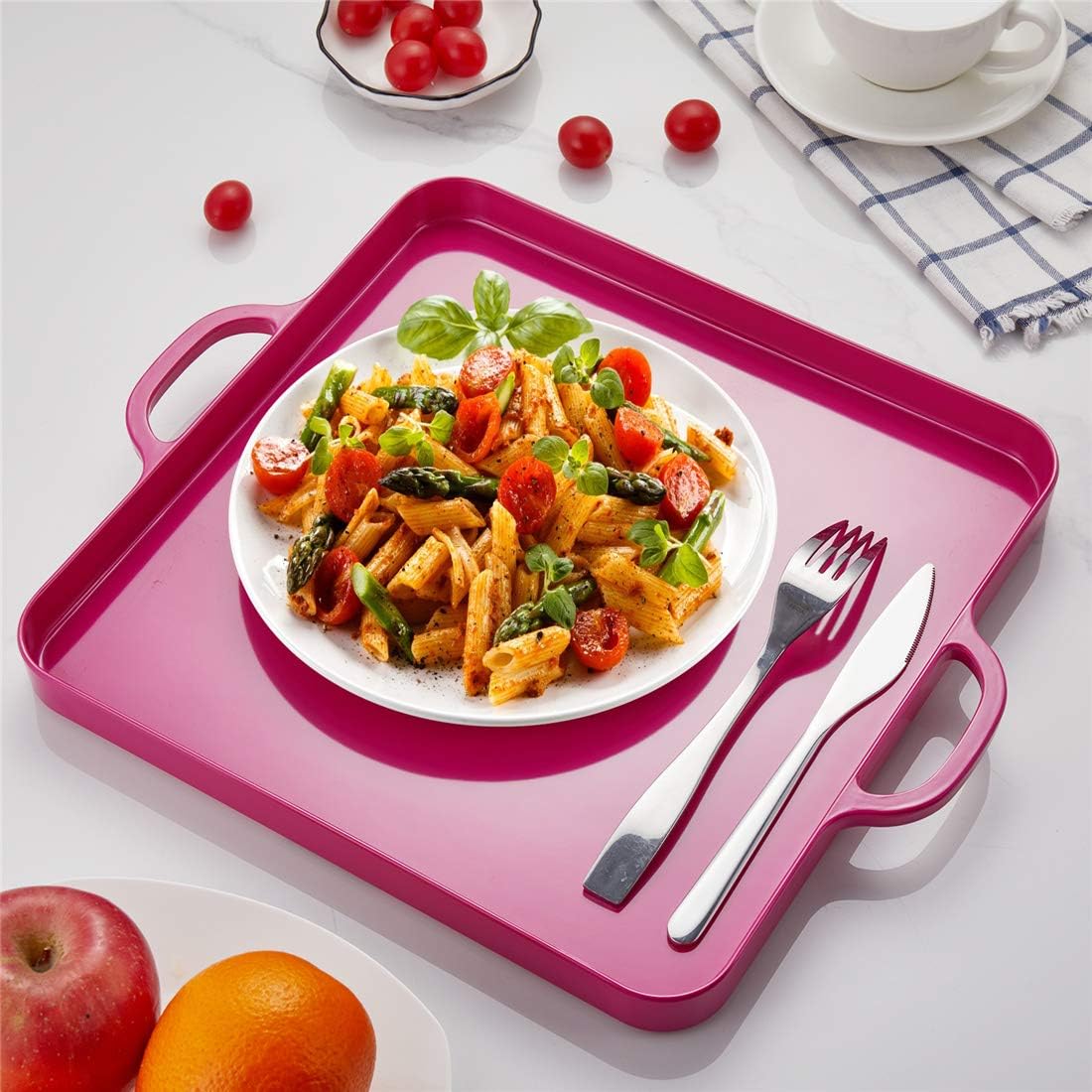 Square Serving Trays with Handles Melamine Hot Pink 12.5x12.5 Inch Spill Proof Kitchen Eating Trays Set of 2 for Cafeteria Cafe Food Appeizer Dessert Snack Dinner Lunch Breakfast,TR12-02