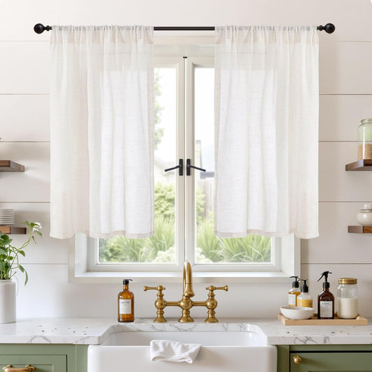 BGment Short Linen Curtains 45 Inch Length for Cafe Kitchen Windows - Rod Pocket Light Filtering Semi Sheer Drapes Textured Bedroom Decorative Lightweight Natural Rustic, 2 Panels Set, 30 X 45 Inch