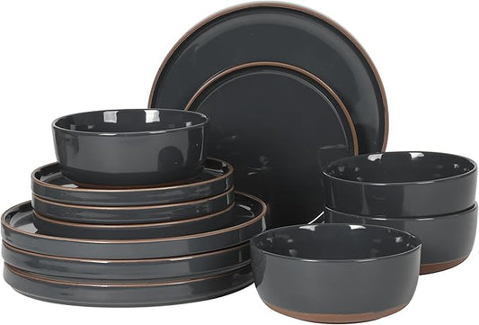 Gibson Elite Northrock Stoneware Dinnerware Set, 16-Piece Service for 4 Plates and Bowls Set – Charcoal Blue Dishes with Hand-Painted Terracotta Base