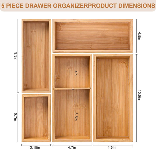 Bamboo Drawer Organizer 5 Pcs for Kitchen Multi-purpose Storage Dividers for Kitchen, Office, Jewelry, Cosmetics, Wooden Drawer Dividers for Drawer Organizer Desk Organizer Gift for Women Gifts Idea