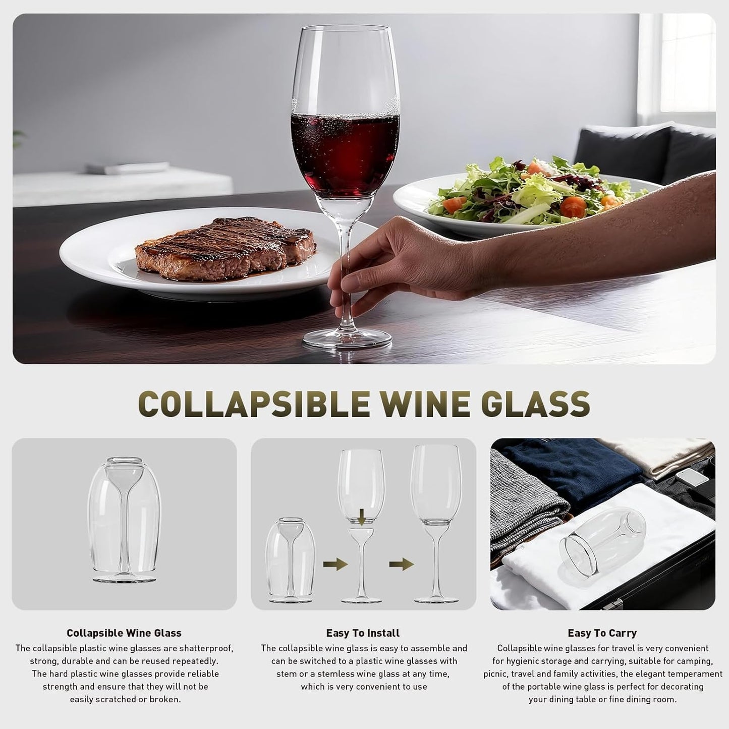 Plastic Wine Glasses Set of 4: 12oz Detachable Drinking Stemless Wine Glass - Reusable Outdoor Portable Shatterproof Wine Tumbler