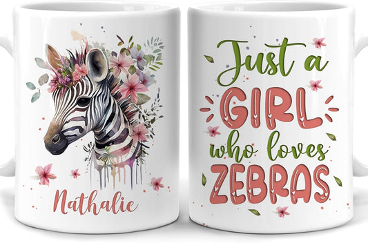 Hyturtle Personalized Gifts Zebra Lover - Just A Girl Who Loves Zebras Custom Name Ceramic Coffee Mug Cup 11oz - Idea Cute Animal Lover Gifts For Women, Girl Daughter On Birthday, Christmas
