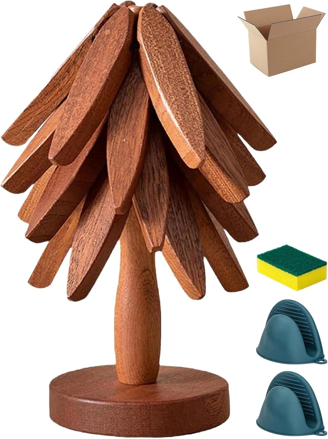 Wooden Tree Coasters with Holder,4 Wooden Trivets+1 Stand stored+1 Kitchen Cleaning Sponges+1 Oven Gloves Silicone Heat for Hot Dishes Decorative Christmas Tree Shape (Walnut Color-4 Layers)