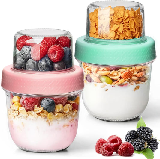 ComSaf 8oz 2 Pcs Overnight Oats Containers with Lids, Glass Yogurt Parfait Cups for Cereal Nut Fruit, Dual-Layer Chia Pudding Jars Reusable, Small Mason Jars for Salad, Meal Prep, Snack, Oatmeal