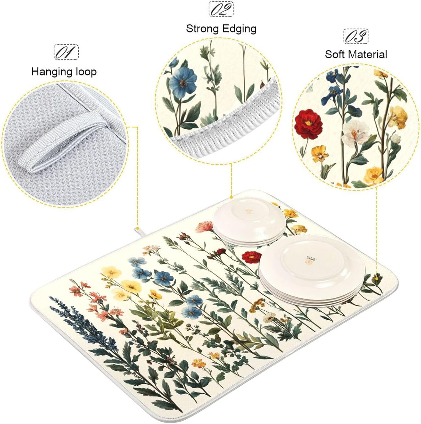 Vintage Plants and Colorful Flowers Dish Drying Mat for Kitchen Counter Super Absorbent Dishes Pad Reversible Microfiber Protector Dish Draining Mats 18x24 inch