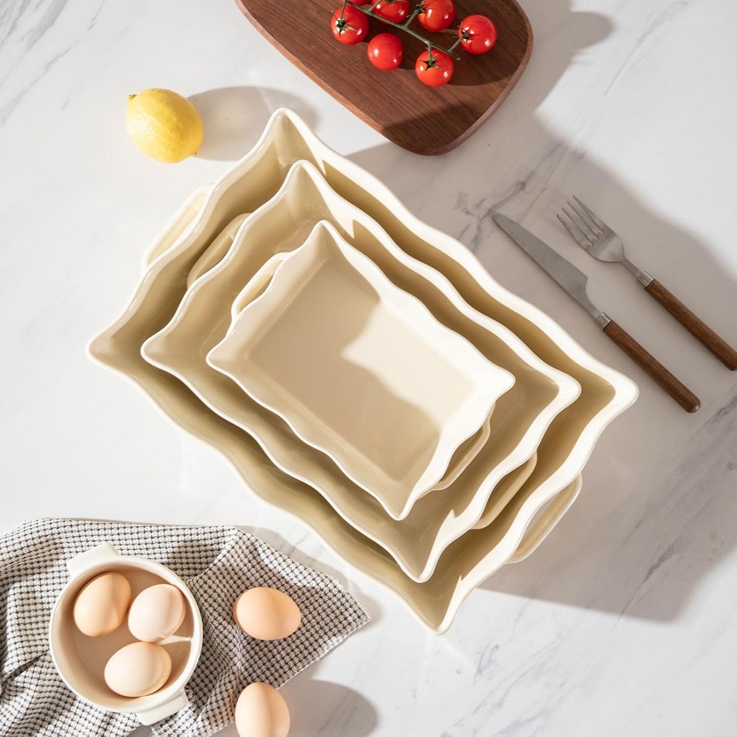 Sweejar Casserole Dishes for Oven, Ceramic Bakeware Set of 3, Rectangular Baking dish with Handles, Wave Edge Lasagna Pan Deep for Cooking, Cake, Dinner, Banquet and Daily Use (Beige)