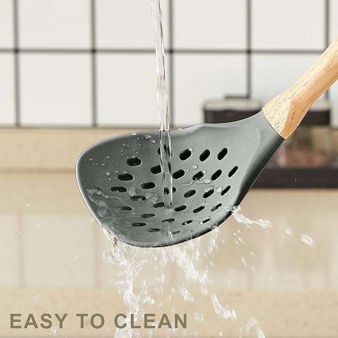 Kitchen Utensils Set - 34 PCS Non-Stick Silicone Cooking Utensils Set with Wooden Handle,Kitchen Gadgets Tools Set for Nonstick Cookware (Gray-34P)