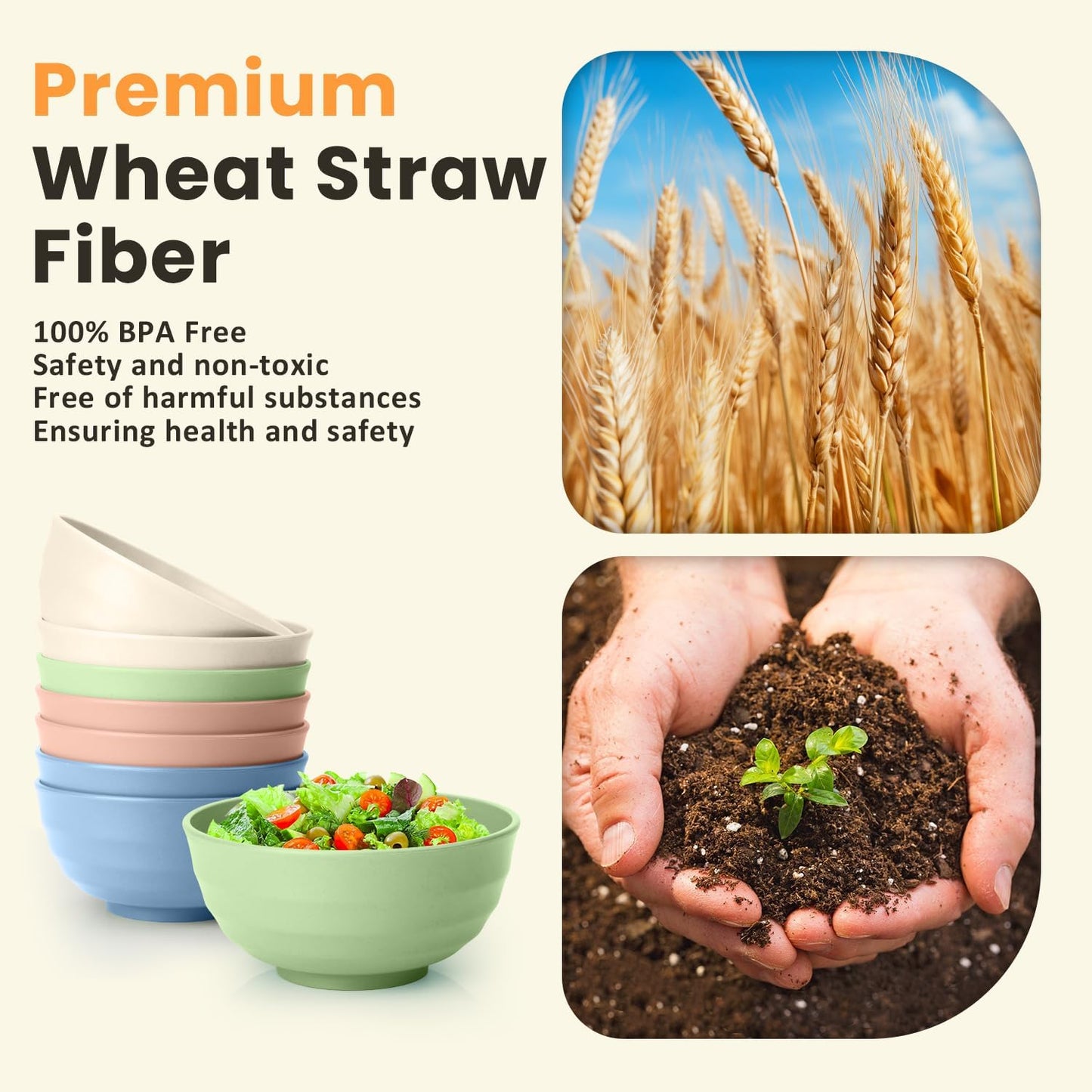 60 OZ Big Salad Bowls,Large Soup Bowl Set of 8,Wheat Straw Bowls,Serving Bowl for Wedding Parties,Microwave and Dishwasher Safe Bowls for Salad,Soup,Serving,Oatmeal Big Bowls for Kitchen - Light Color