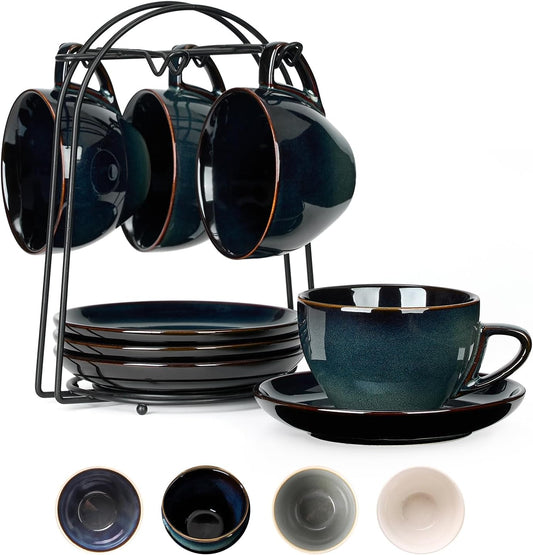 SIDUCAL Espresso Cups Set of 4 [8oz] Porcelain Coffee Cups with Saucers and Holder,Latte Cups- Latte Art Cup - Microwave/Dishwasher Safe,Espresso Demitasse Cups(Blue and Green)