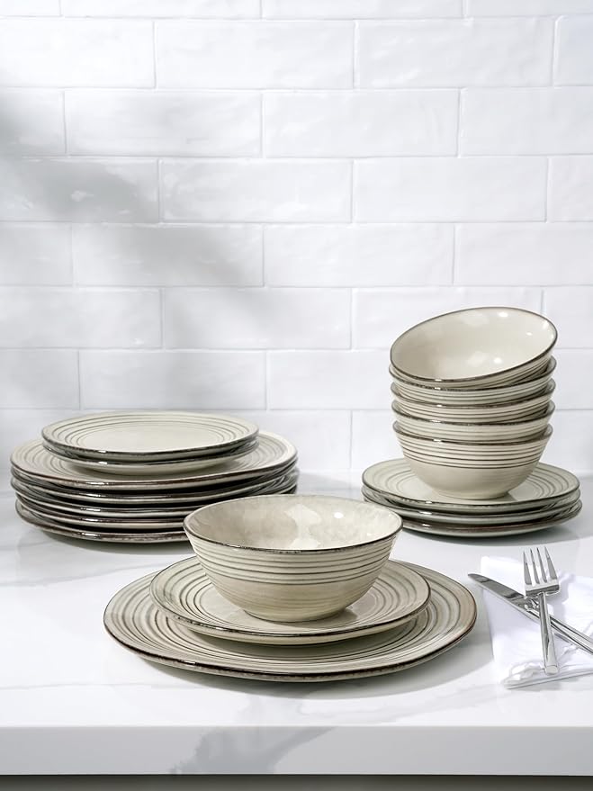 Famiware Twilight Plates and Bowls Sets 12-Piece Stoneware Dinnerware Sets, Dishes Set for 4, Hand-made Reactive Glaze Dish Set, Terre-verte