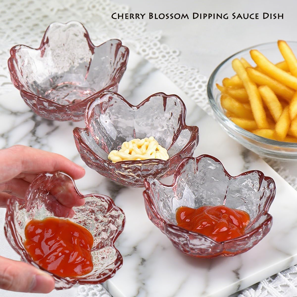 6 Pcs Pink Sakura Sauce Dishes Set, 3.34x1.37 inch Glass Cherry Blossom Dipping Bowls, Small Condiment Dishes for Soy Sauce, Sushi, Ice-Cream,Snacks, and Party Appetizers