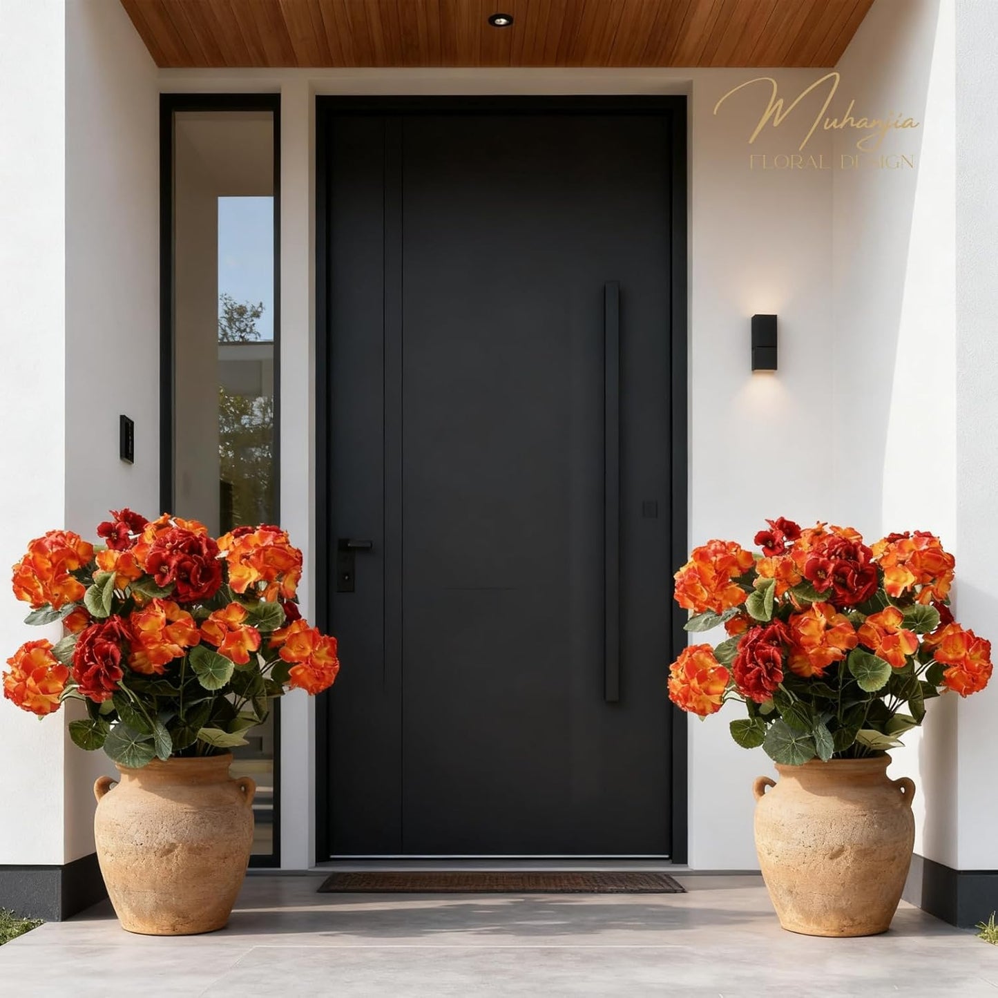 26’’ Artificial Geranium Flowers for Outdoor Decoration,2PCS Silk Geranium Flowers UV Resistant Floor Plants for Garden Porch Patio Table Centerpieces Home Decor (Red&Orange)