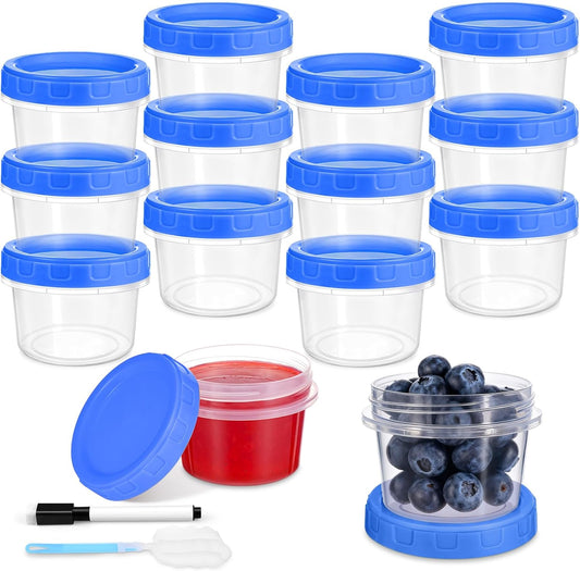 12 Pcs 4 oz Plastic Containers with Screw Lids, Reusable 1/2 Cup Small Food Storage Containers, Airtight Freezer Containers, Microwave & Dishwasher Safe, with Pen and Brush