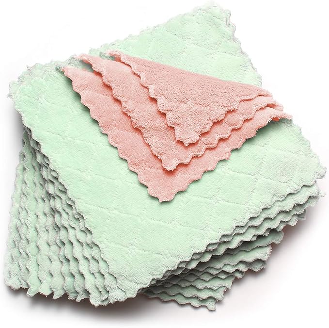 kimteny 12 Pack Dish Towels, 10x10 in Premium Dish Cloths, Super Absorbent Kitchen Towels Coral Velvet Dishcloths Nonstick Oil Fast Drying Washcloths (Pink-Green)