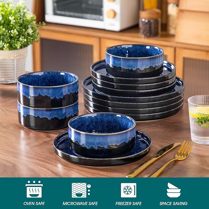 vancasso Starry Plates and Bowls Sets,12 Pieces Blue Dinnerware Sets for Kitchen,Modern Stoneware Dishes Set for 4,Dishwasher and Microwave Safe