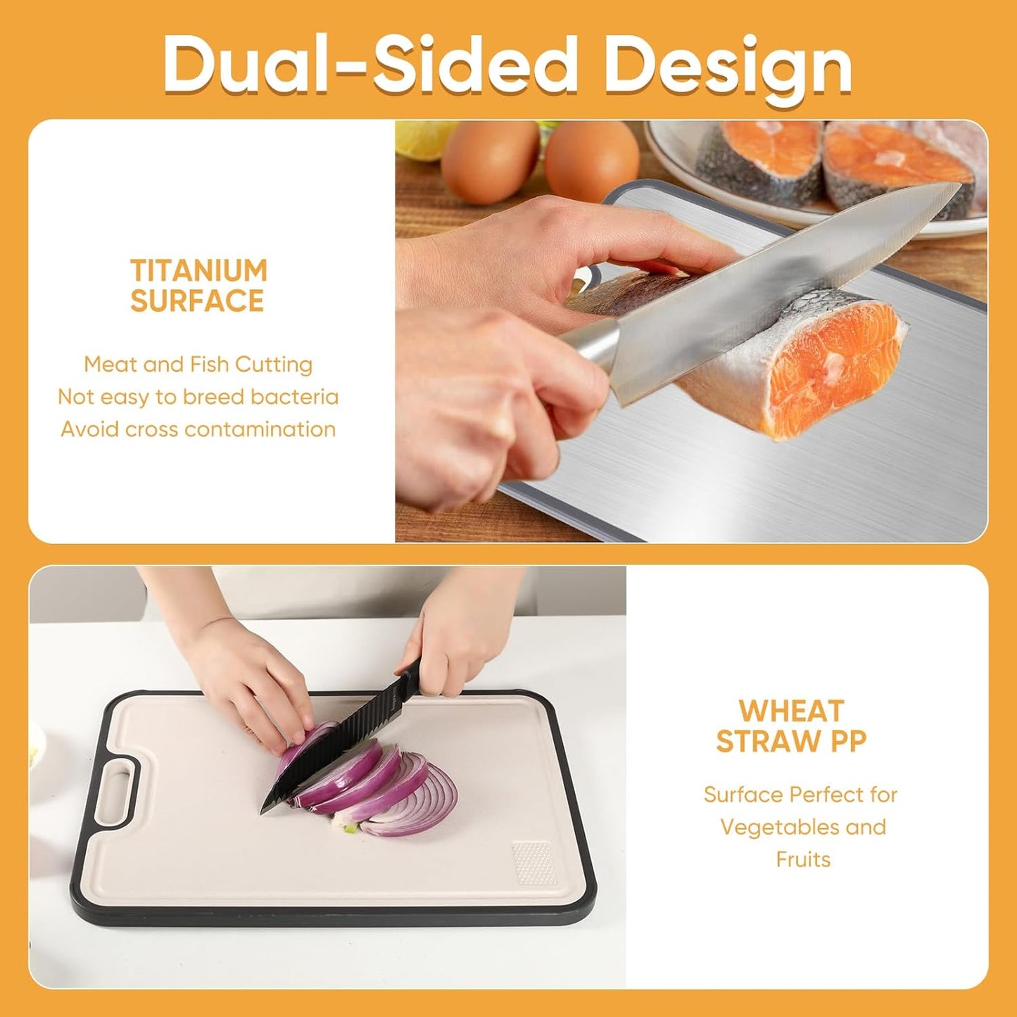 Titanium Cutting Board with Smooth Dual-Sided Surface, GR2 Titanium & Wheat Straw PP, Easy-Clean, Non-Slip, Dishwasher Safe, Large Cutting Board for Fruits, Vegetables & Meat